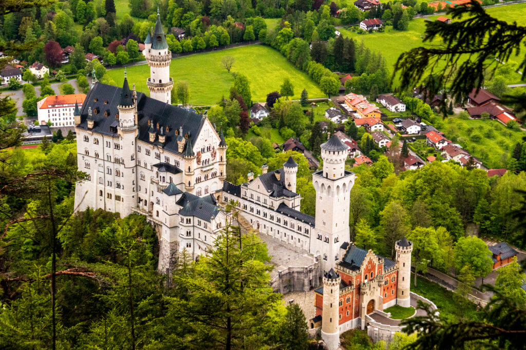 A aerial shot of neuschwanstein castle in Germany,